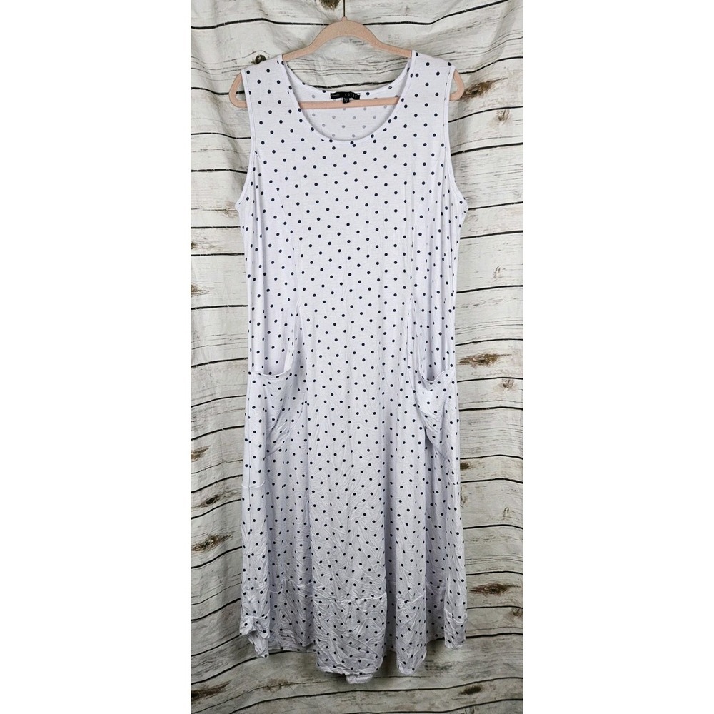 Kozan White Polka Dot Knit Cocoon Dress L Lagenlook Crinkle Art to Wear Midi